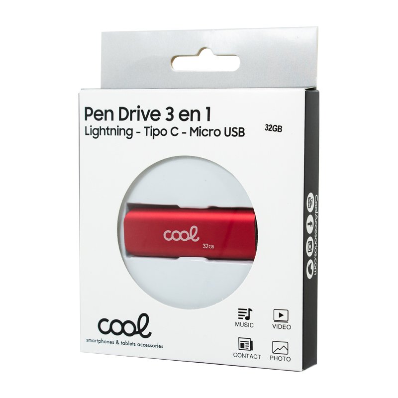 Pen Drive USB x32 GB COOL (3 en 1) Lightning / Tipo-C / USB Rojo
