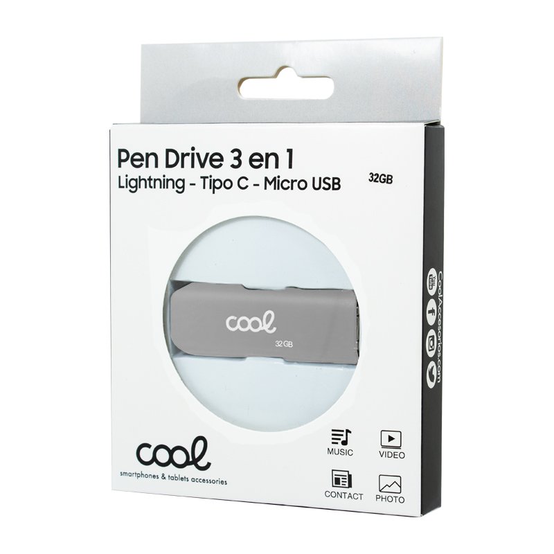 Pen Drive USB x32 GB COOL (3 En 1) Lightning / Tipo-C / USB Gris