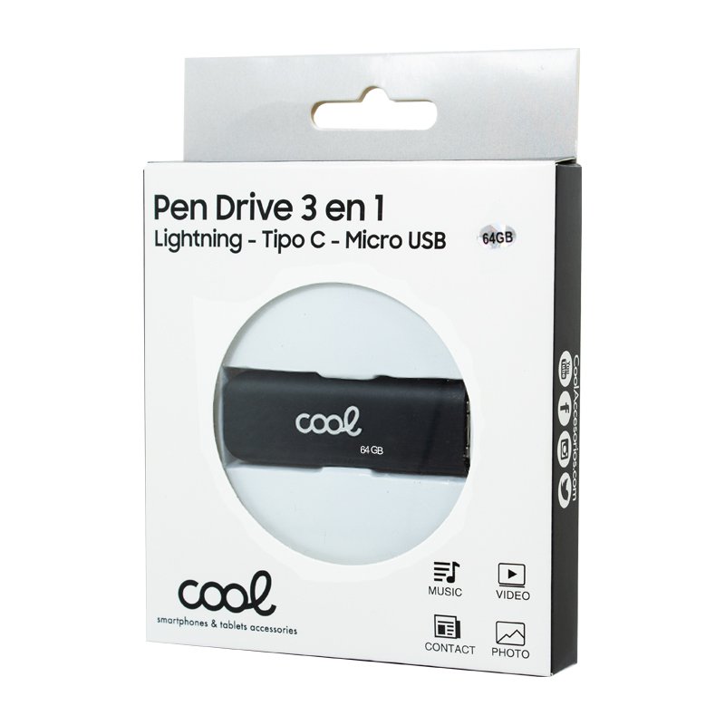 Pen Drive USB x64 GB COOL (3 En 1) Lightning / Tipo-C / USB Negro