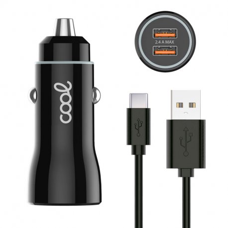 Carregador de carro cabo tipo C (2 x USB) COOL 2.4A Kit 2 em 1 preto
