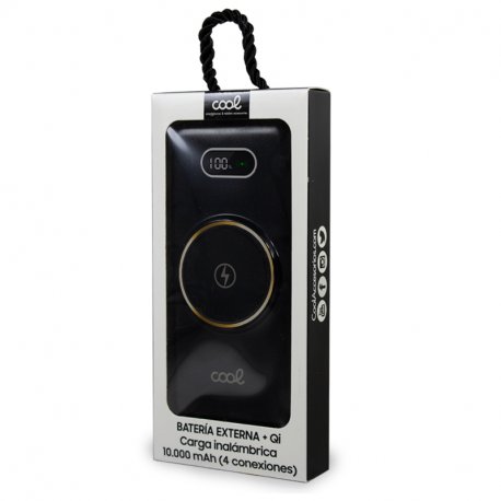 Banco de alimentação de bateria externa universal 10.000 mAh + carregamento sem fio Qi (4 conexões) Preto