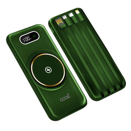 Banco de alimentação de bateria externa universal 10.000 mAh + carregamento sem fio Qi (4 conexões) Verde