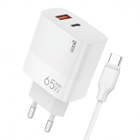Universal Ultra Fast PD Type-C + USB COOL Network Charger (65W + Type-C Cable) GaN White