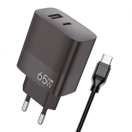Carregador de rede duplo universal USB + PD Tipo-C + Cabo de carregamento COOL (GaN 65 W) Preto