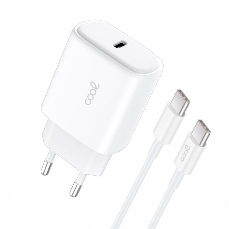 Carregador de Rede rápido universal (PD) Tipo C COOL (25 W) Branco + Cabo Tipo-C para Tipo-C