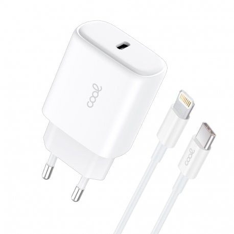 Carregador de Rede rápido universal (PD) Tipo C COOL (25 W) Branco + Cabo Tipo-C para Lightning