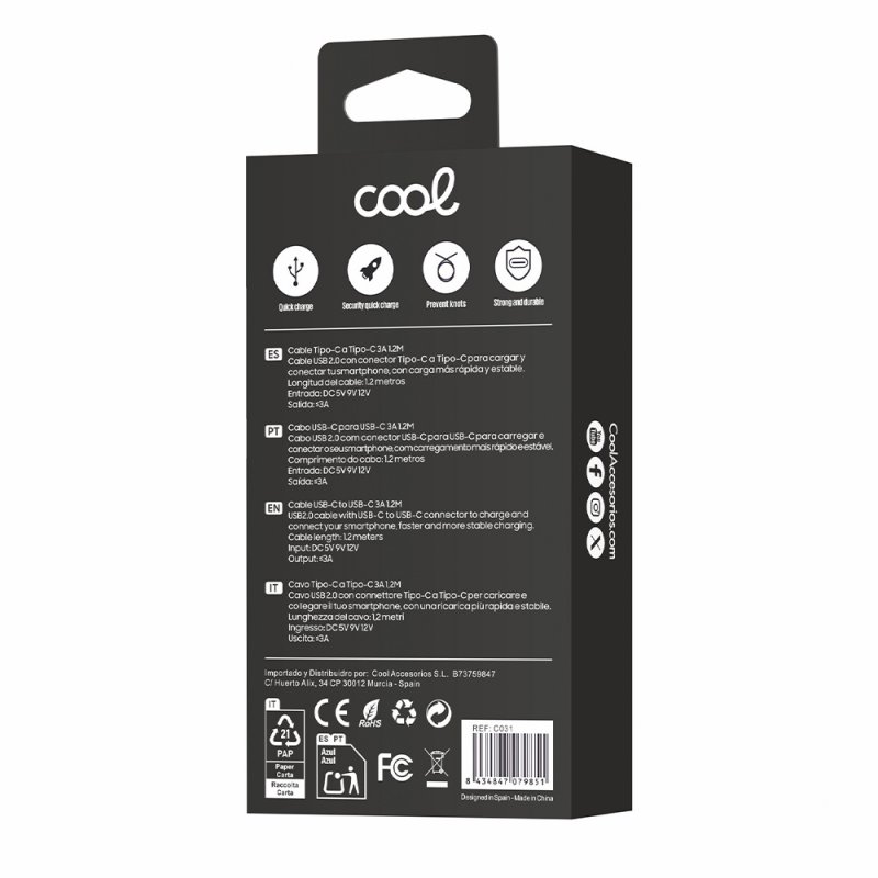 Cavo USB compatibile COOL Universale da TYPE-C a TYPE-C (1.2 metros) Nero 3 Amp