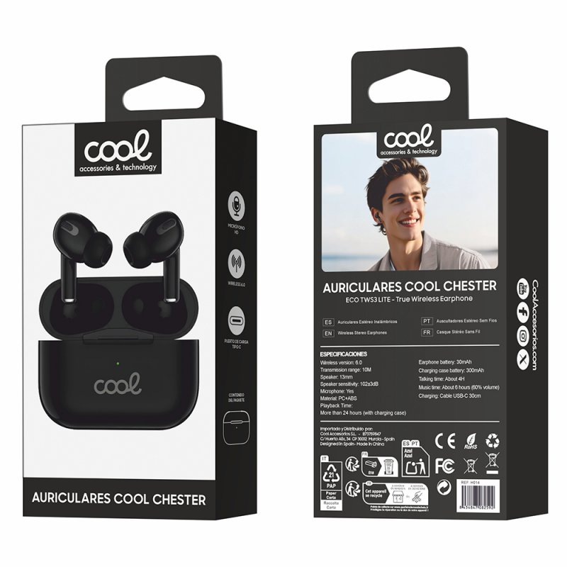 Auriculares Stereo Bluetooth Earbuds COOL Chester Preto