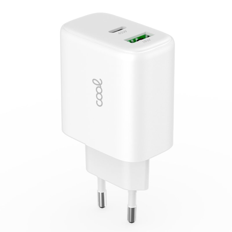 Carregador de Rede Universal Fast Charger Dual (PD) USB + Type-C COOL (45W) Branco