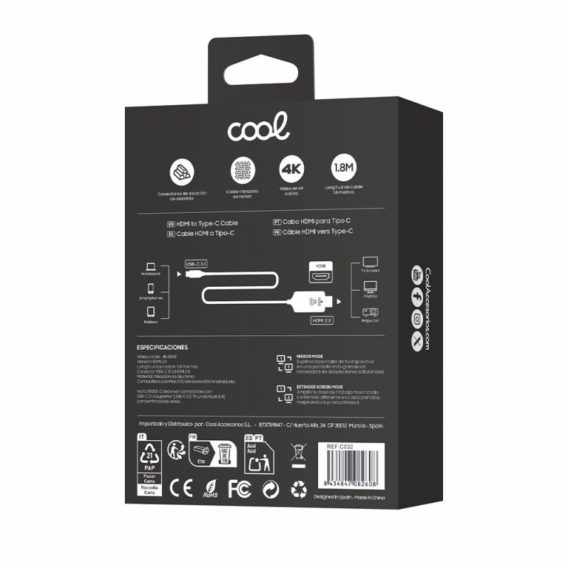 Cable HDMI a Tipo-C Audio-Video Universal (1.8 m) Ultra 4K COOL
