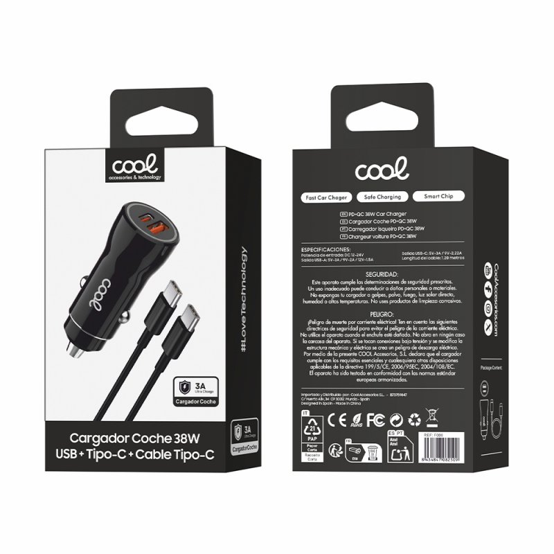 Car Charger Type C Cable (2 x USB + Type-C) COOL 38W Kit 2 in 1 Black