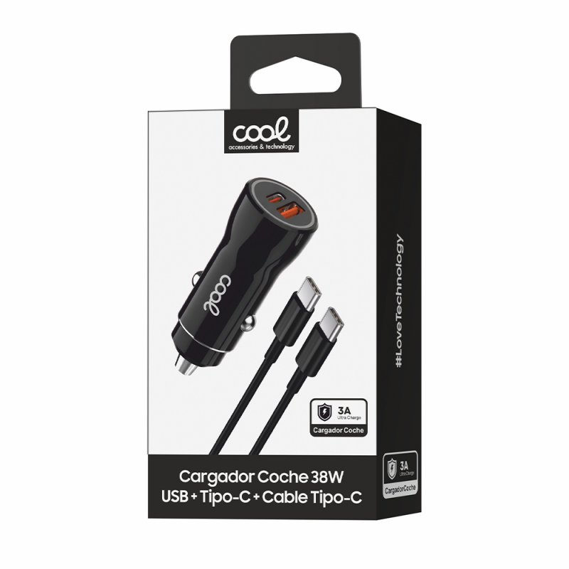 Carregador de Carro Cabo Tipo-C (2 x USB + Tipo-C) COOL 38W Kit 2 em 1 Preto
