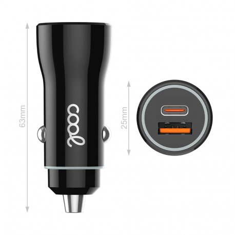 Carregador de Carro Cabo Tipo-C (2 x USB + Tipo-C) COOL 38W Kit 2 em 1 Preto