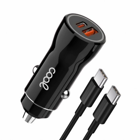Carregador de Carro Cabo Tipo-C (2 x USB + Tipo-C) COOL 38W Kit 2 em 1 Preto