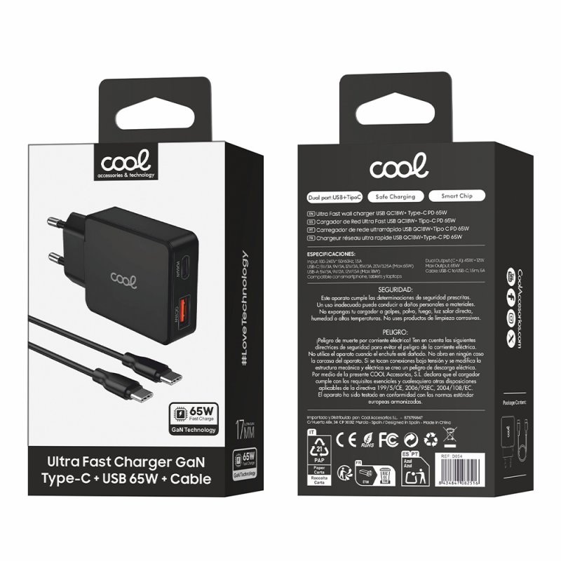 Caricatore di rete USB doppio caricatore universale + PD Type-C + cavo di ricarica COOL (65 W) Nero