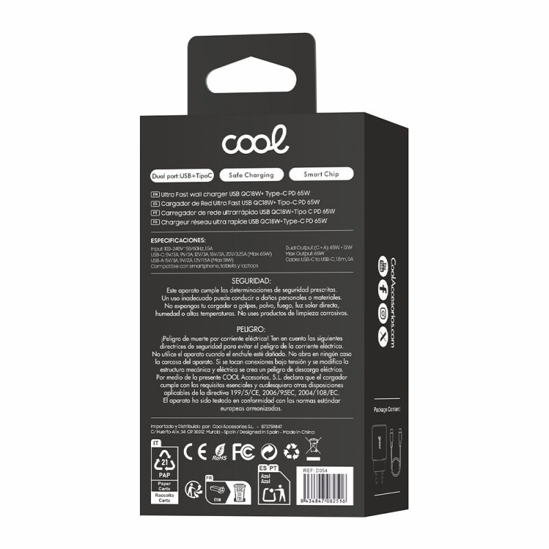 Caricatore di rete USB doppio caricatore universale + PD Type-C + cavo di ricarica COOL (65 W) Nero