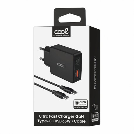 Universal Ultra Fast PD Type-C + USB COOL Network Charger (65W + Type-C Cable) GaN Black