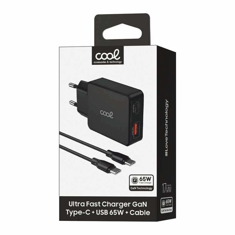 Universal Ultra Fast PD Type-C + USB COOL Network Charger (65W + Type-C Cable) GaN Black