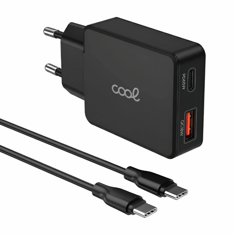 Caricatore di rete USB doppio caricatore universale + PD Type-C + cavo di ricarica COOL (65 W) Nero