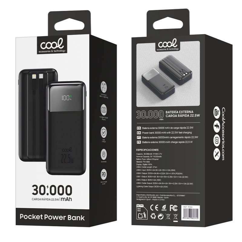 Bateria Externa Universal Power Bank Carga Rápida 22.5W 30.000 mAh (Cables Tipo-C / Lightning) COOL Negro