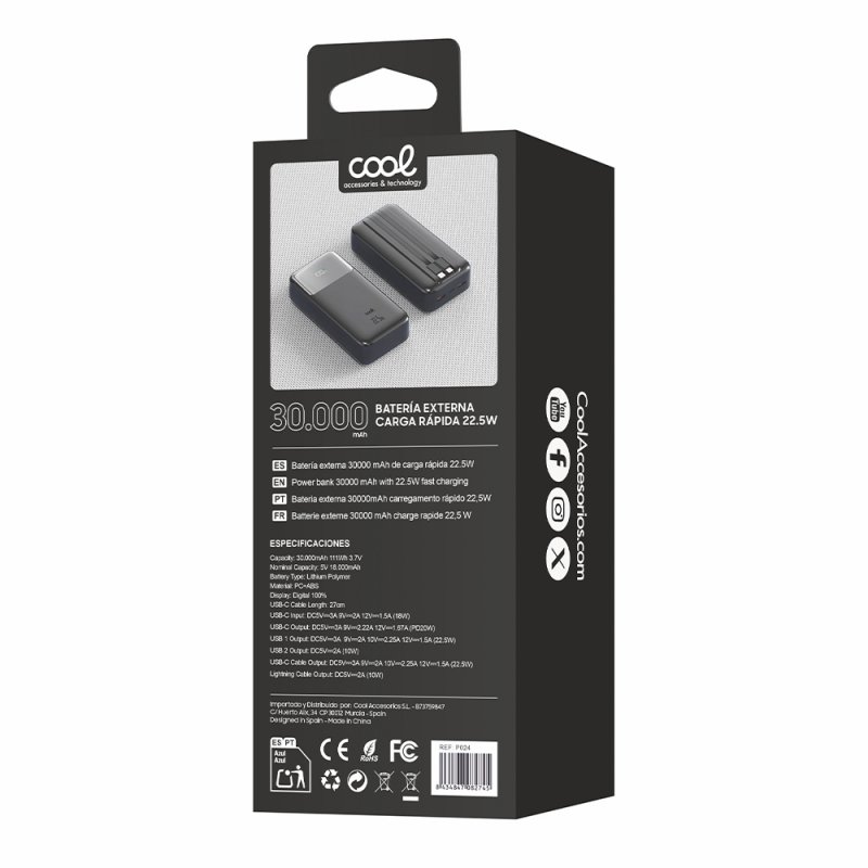 Bateria Externa Universal Power Bank Carga Rápida 22.5W 30.000 mAh (Cables Tipo-C / Lightning) COOL Negro