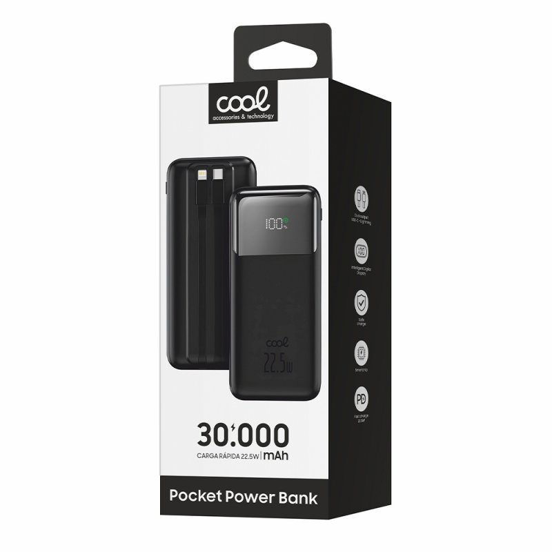 Bateria Externa Universal Carregamento Rápido 22.5 W 30.000 mAh (Tipo-C / Lightning) Preto COOL