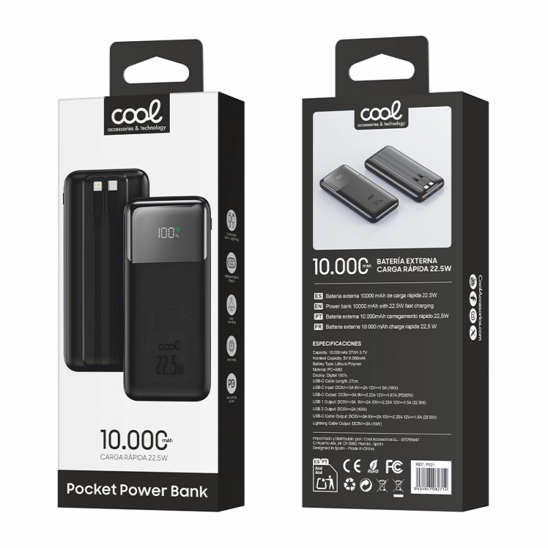 Bateria Externa Power Bank Carregamento Rápido 22.5W 10.000 mAh COOL Pocket Preto