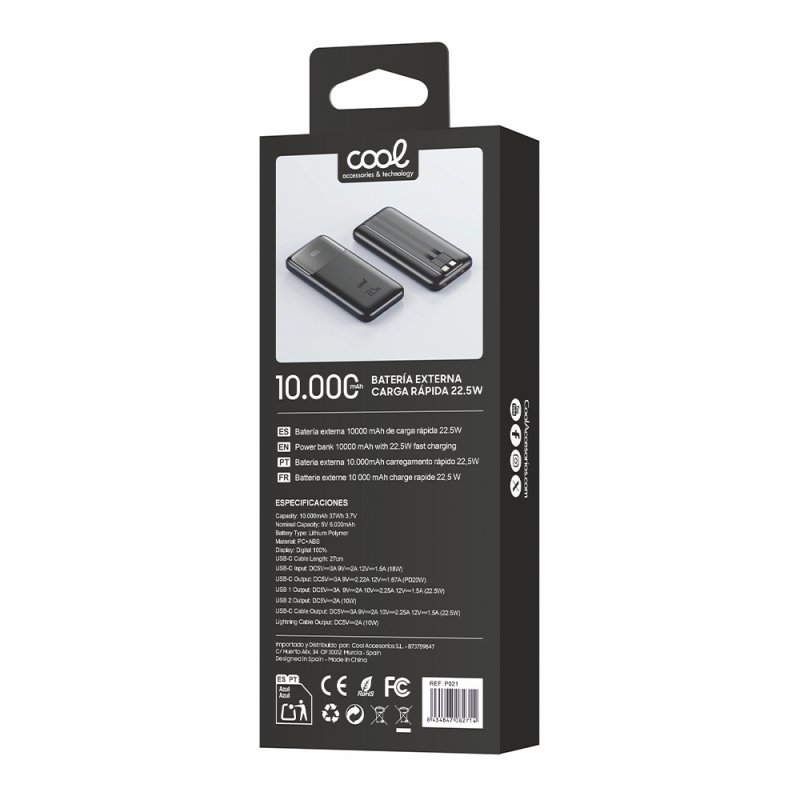 Batería Externa Universal Power Bank 10.000 mAh Carga Rápida 22.5W COOL Pocket Negro