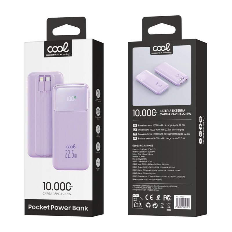 External Battery Power Bank 22.5W Fast Charging 10.000 mAh COOL Pocket (Type-C / Lightning) Violet