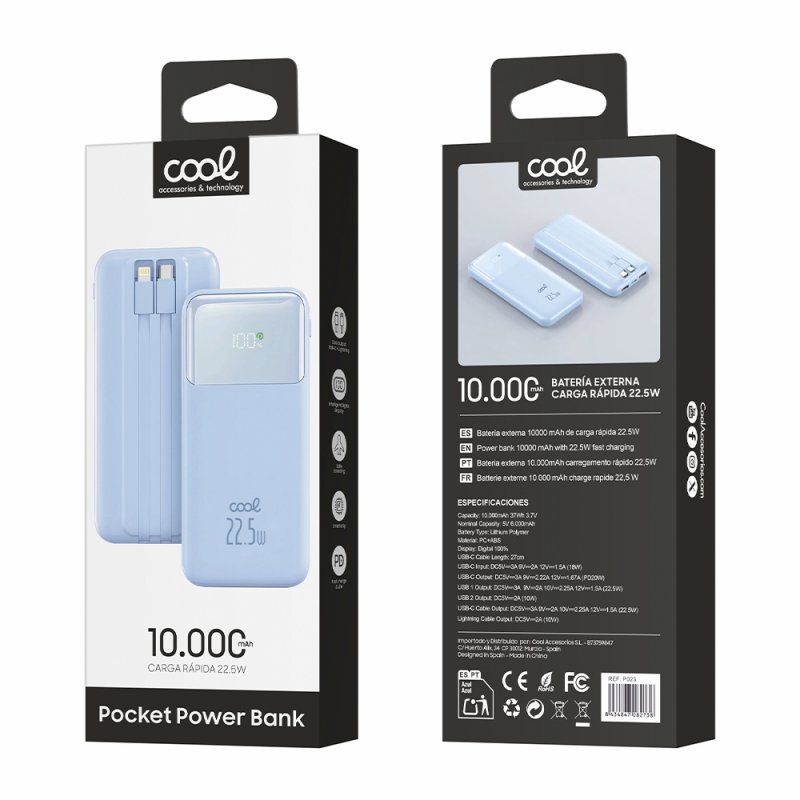 Batteria Esterna Power Bank Ricarica Rapida 22.5 W 10.000 mAh COOL Azzurro Cielo