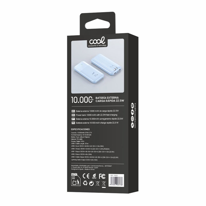 Batería Externa Universal Power Bank 10.000 mAh Carga Rápida 22.5W COOL Pocket Celeste