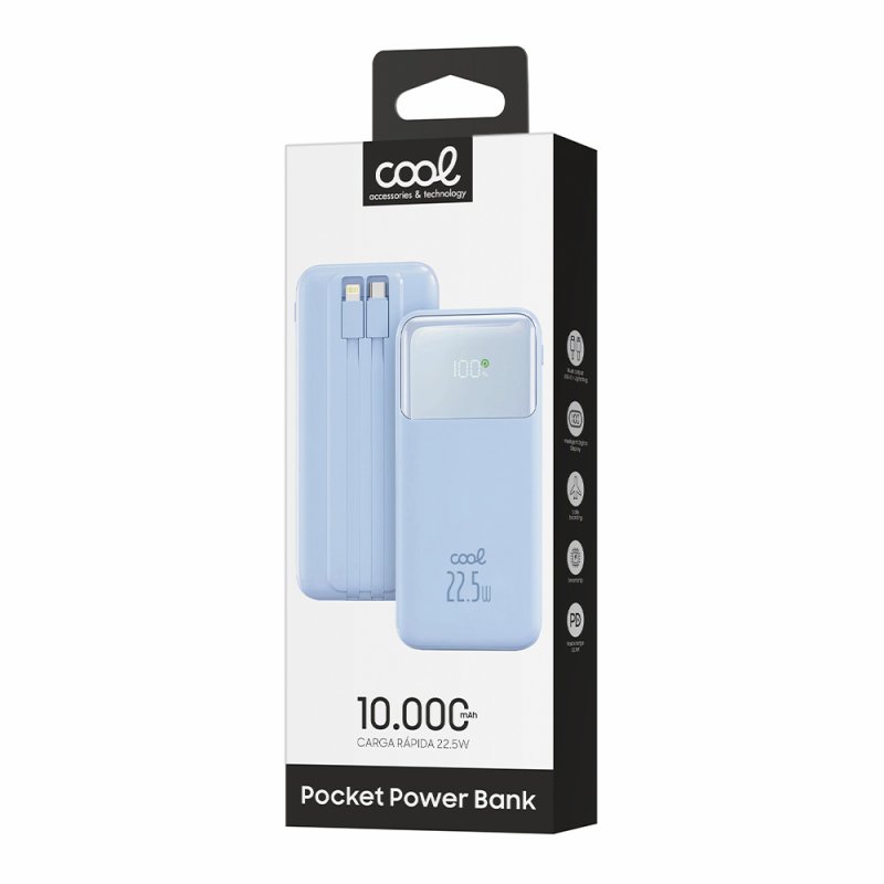 Bateria Externa Power Bank Carregamento Rápido 22.5W 10.000 mAh COOL Pocket Azul Celeste