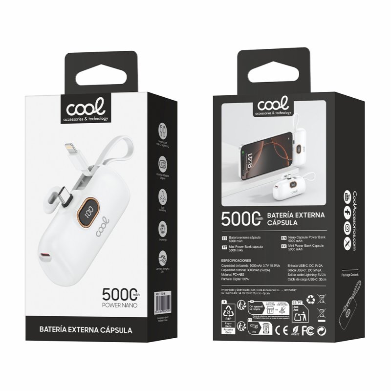 External Battery Power Bank 5000 mAh COOL Capsule White