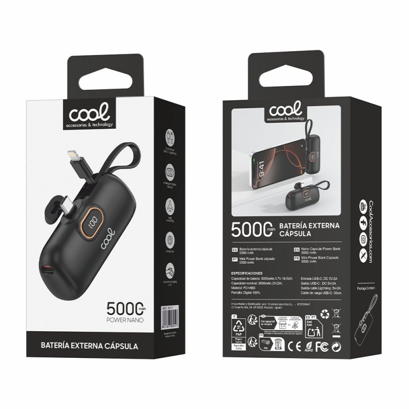 Bateria Externa Power Bank 5.000 mAh COOL Cápsula Negro