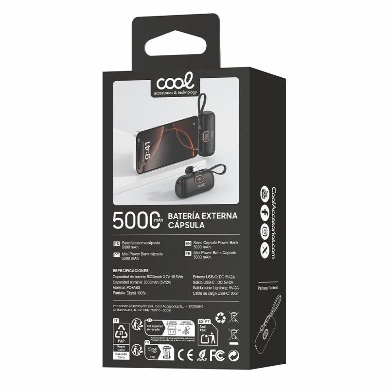 Bateria Externa Power Bank 5.000 mAh COOL Cápsula Negro