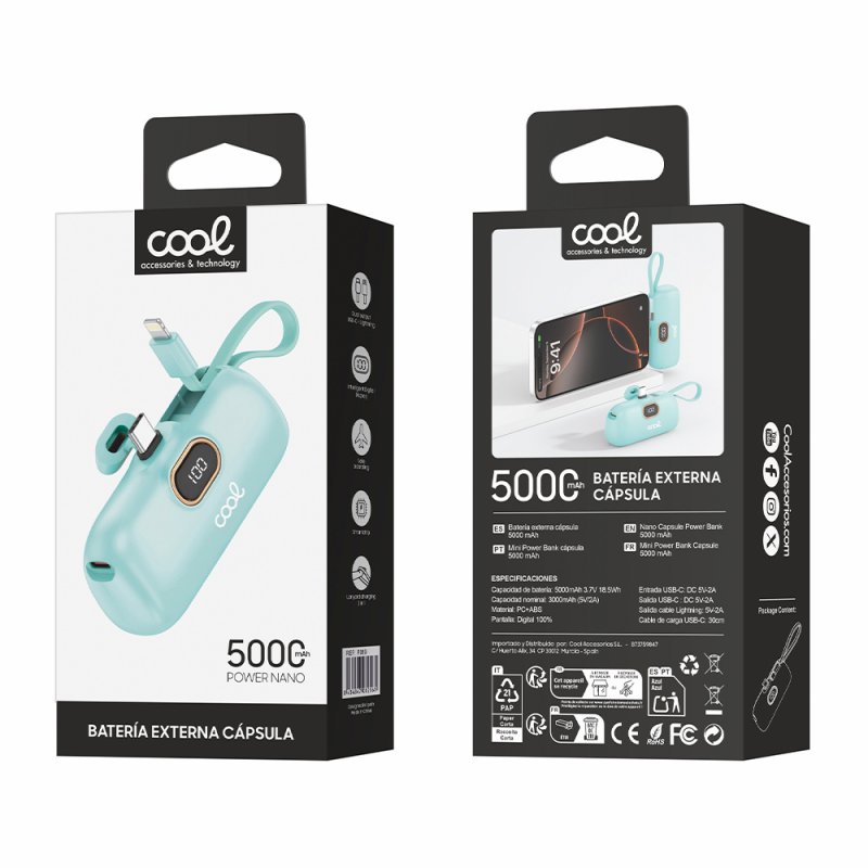 Bateria Externa Power Bank 5000 mAh COOL Cápsula Azul Celeste