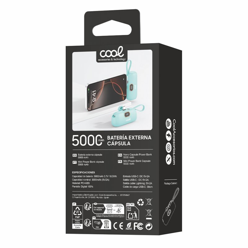 Bateria Externa Power Bank 5.000 mAh COOL Cápsula Celeste