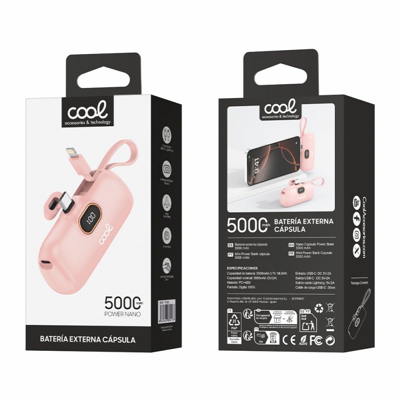 Bateria Externa Power Bank 5.000 mAh COOL Cápsula Rosa