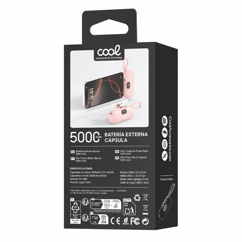 Bateria Externa Power Bank 5.000 mAh COOL Cápsula Rosa
