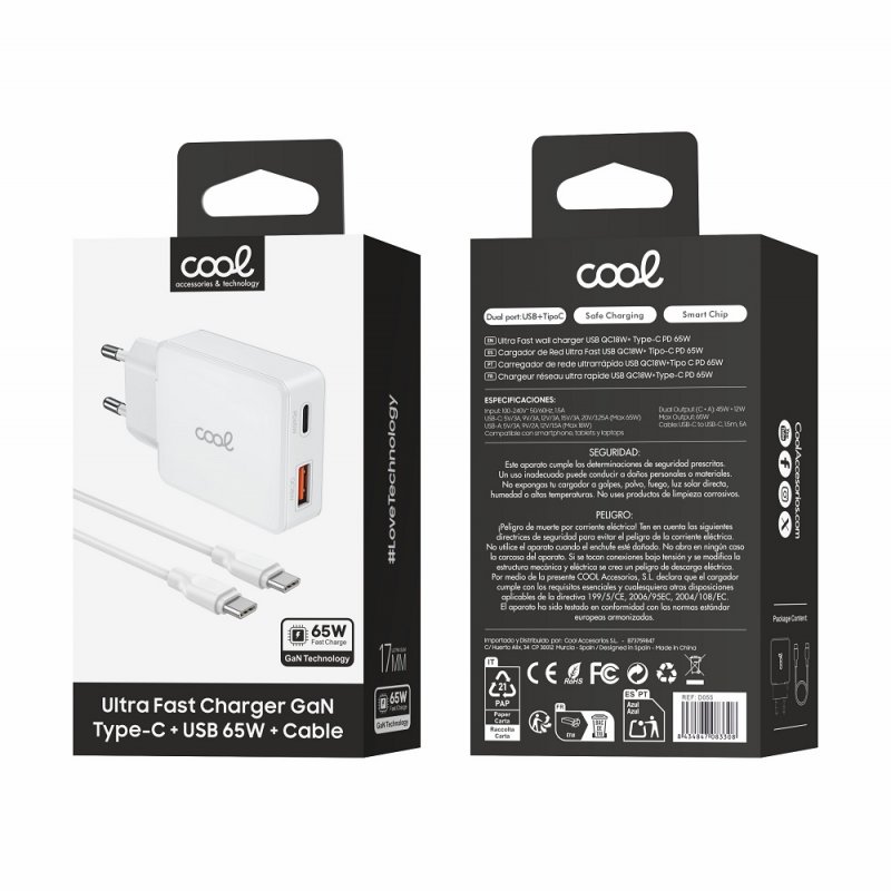 Carregador de rede duplo universal USB + PD Tipo-C + Cabo COOL (GaN 65 W) Branco