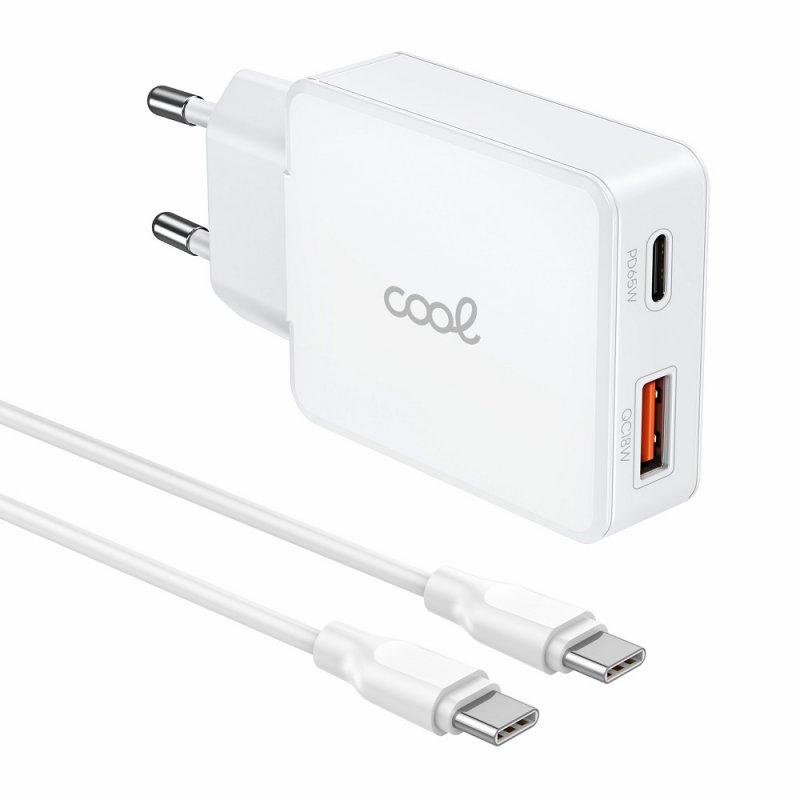 Carregador de rede duplo universal USB + PD Tipo-C + Cabo COOL (GaN 65 W) Branco