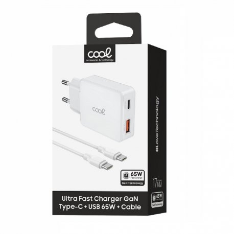 Universal Ultra Fast PD Type-C + USB COOL Network Charger (65W + Type-C Cable) GaN White