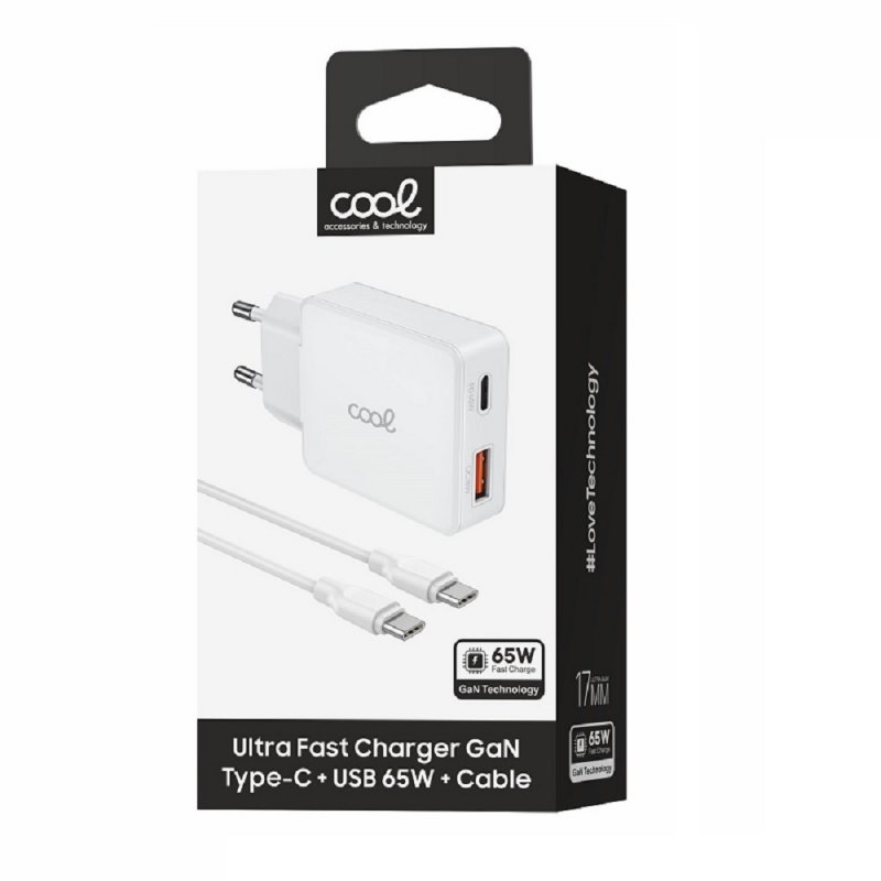 Carregador de rede duplo universal USB + PD Tipo-C + Cabo COOL (GaN 65 W) Branco