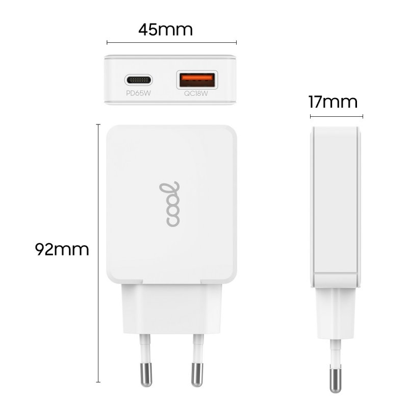 Carregador de rede duplo universal USB + PD Tipo-C + Cabo COOL (GaN 65 W) Branco