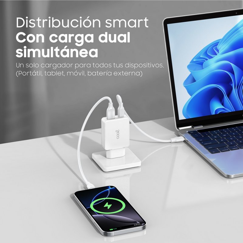 Carregador de rede duplo universal USB + PD Tipo-C + Cabo COOL (GaN 65 W) Branco