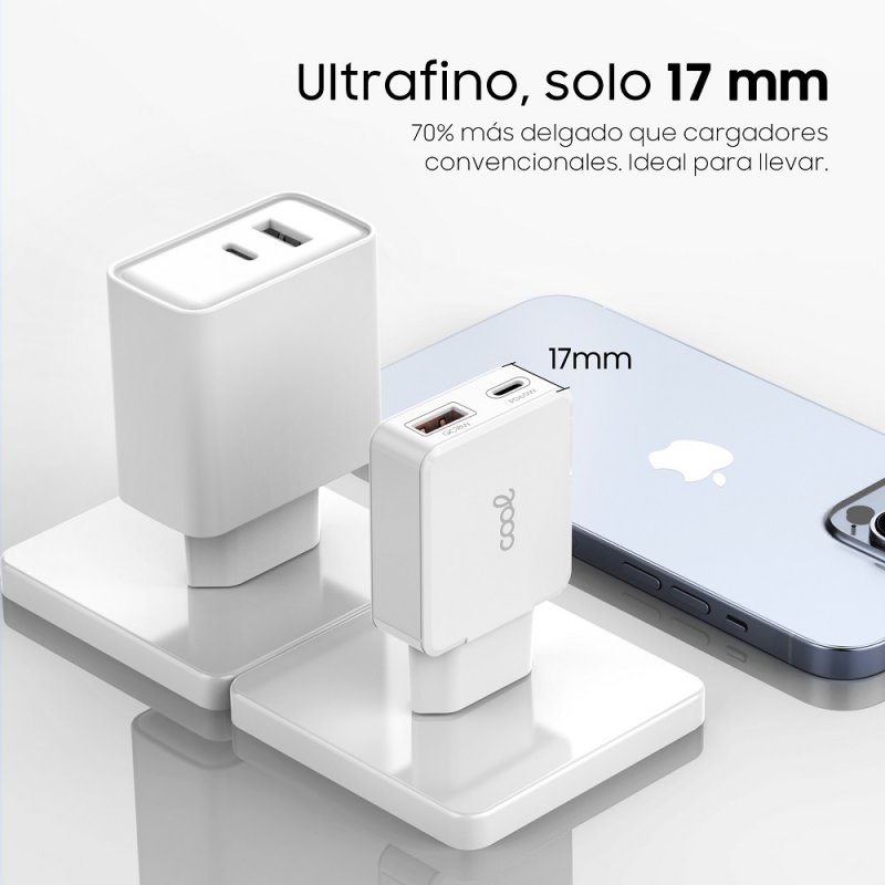 Carregador de rede duplo universal USB + PD Tipo-C + Cabo COOL (GaN 65 W) Branco