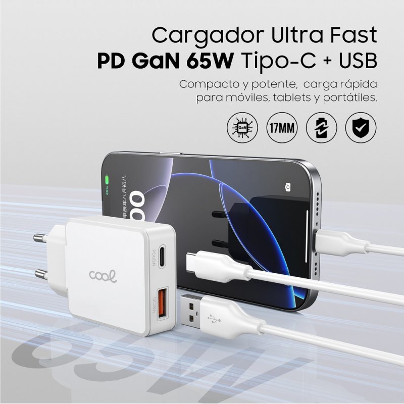 Carregador de rede duplo universal USB + PD Tipo-C + Cabo COOL (GaN 65 W) Branco