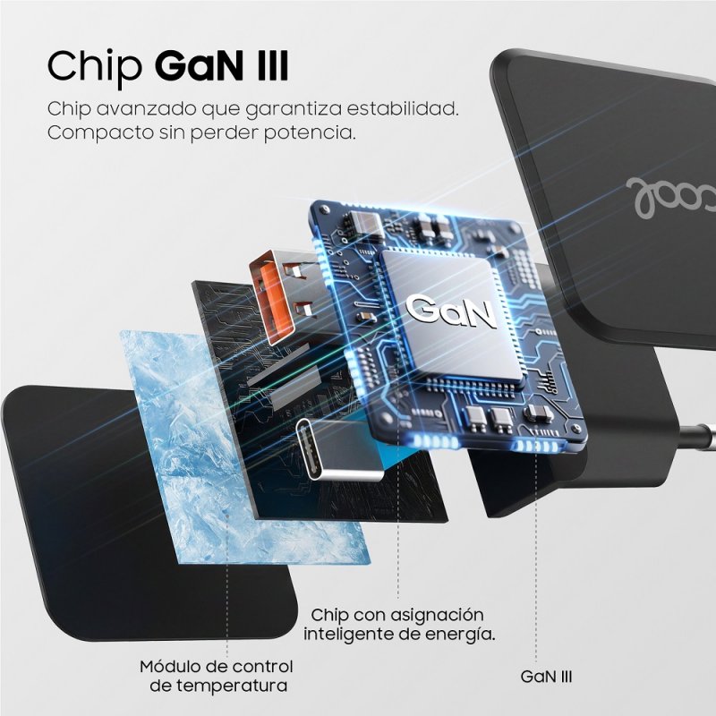 Carregador de rede duplo universal USB + PD Tipo-C + Cabo de carregamento COOL (GaN 65 W) Preto