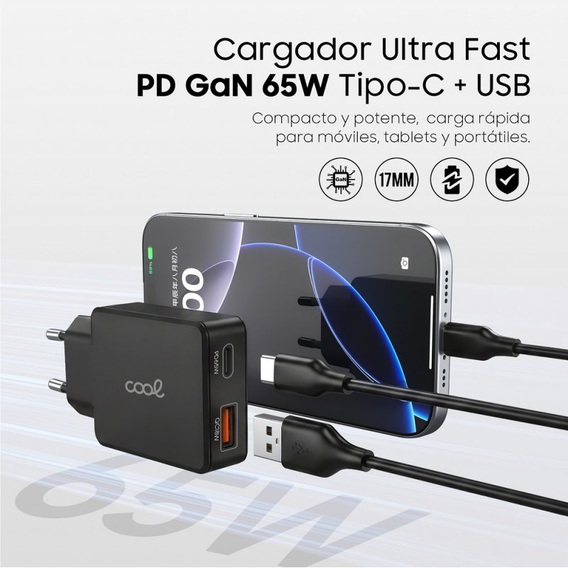 Caricatore di rete USB doppio caricatore universale + PD Type-C + cavo di ricarica COOL (65 W) Nero