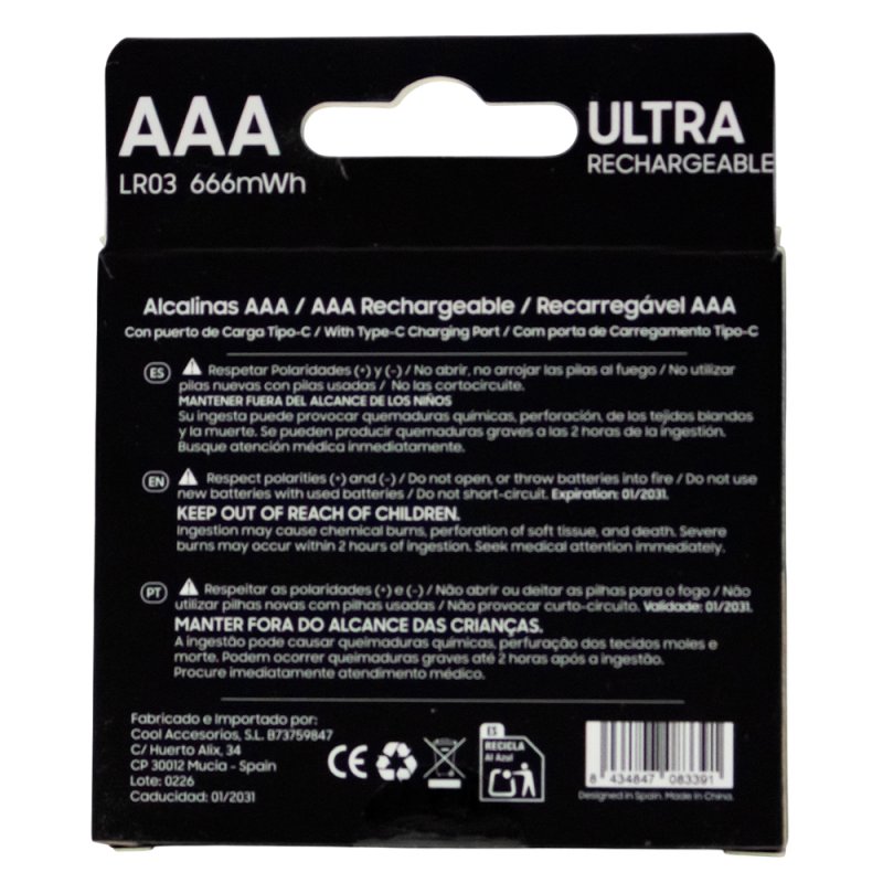 Pilhas Alcalinas Recarregáveis ​​COOL AAA LR03 (Pack 4 u.)